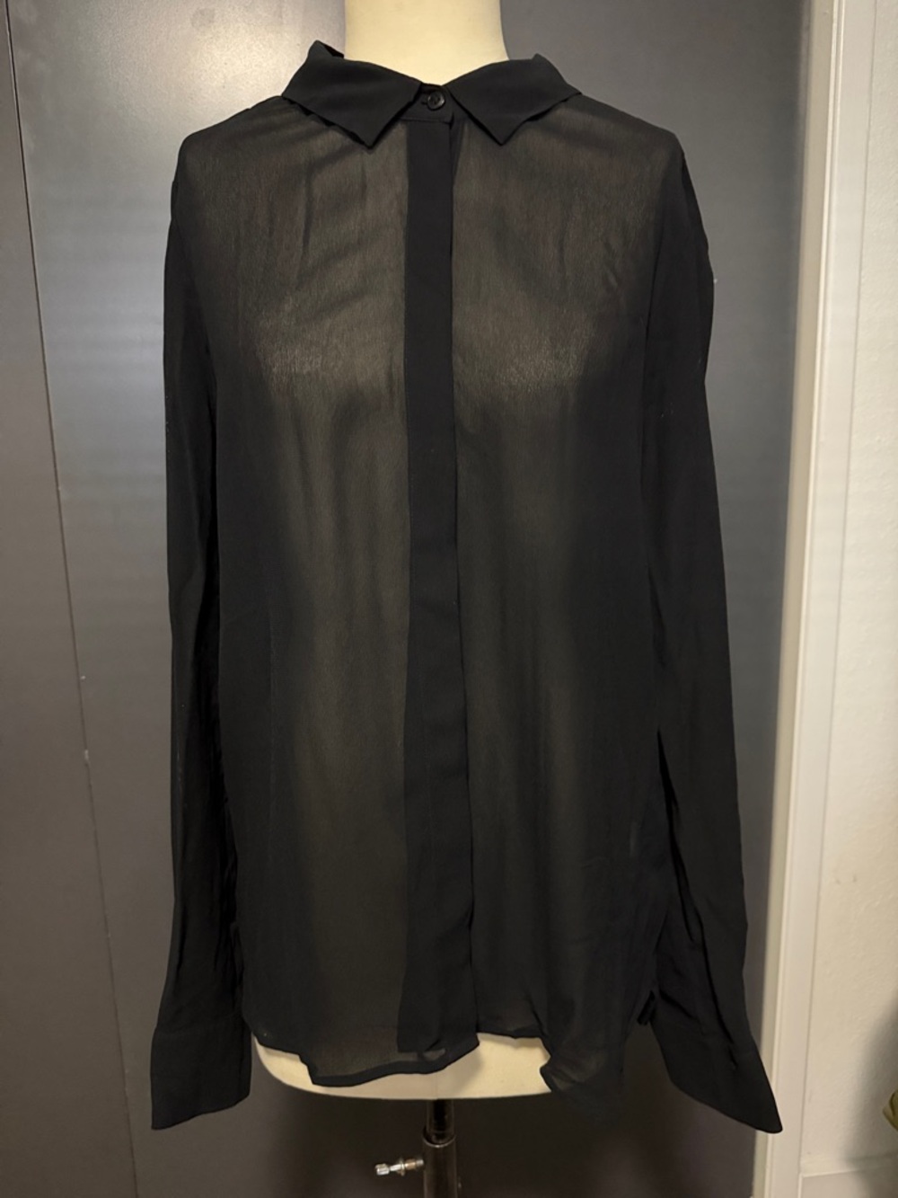 Reformation Black Sheer Long-Sleeve Button-Up Shirt